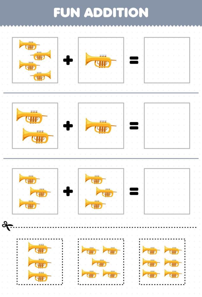 gioco educativo per bambini divertente aggiunta tagliando e abbinando il foglio di lavoro delle immagini della tromba dello strumento musicale dei cartoni animati vettore