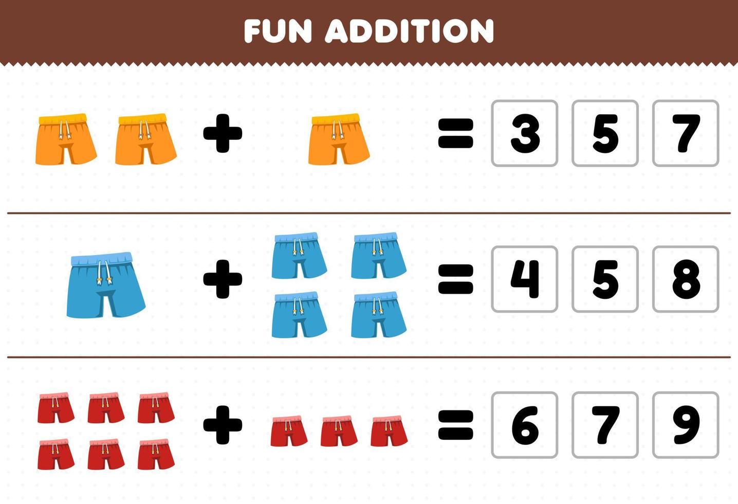 gioco educativo per bambini divertente aggiunta indovinando il numero corretto di fogli di lavoro stampabili per pantaloni da indossare vettore
