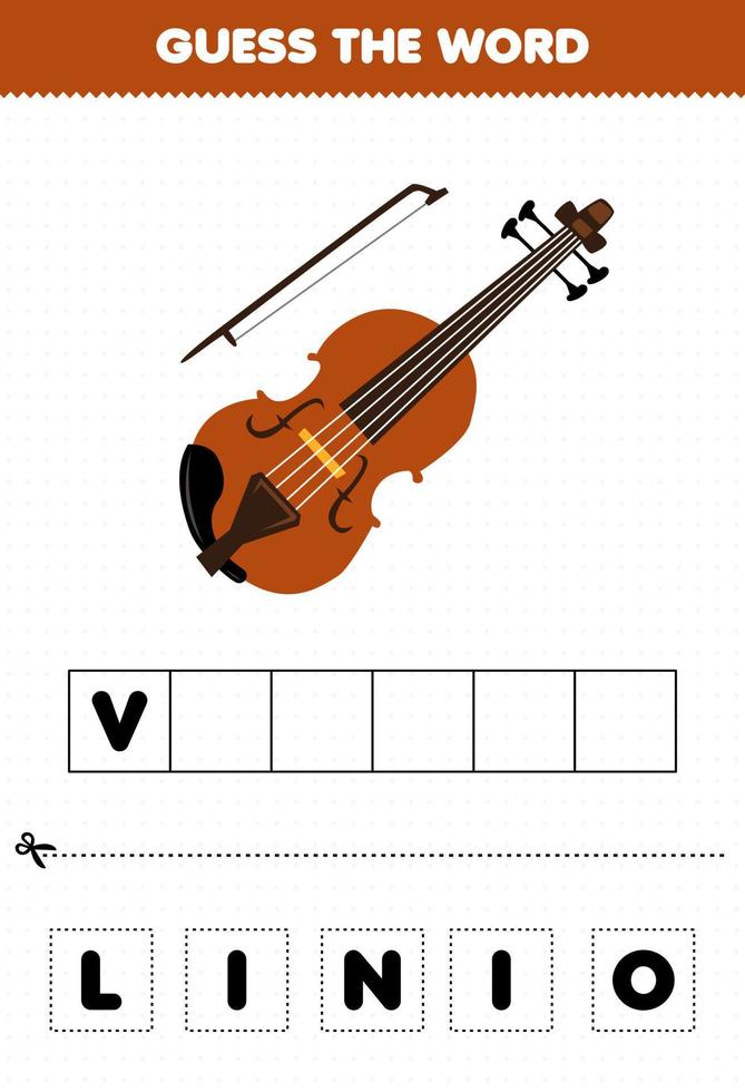 gioco educativo per bambini indovina la parola lettere praticando cartone animato musica strumento violino foglio di lavoro stampabile vettore