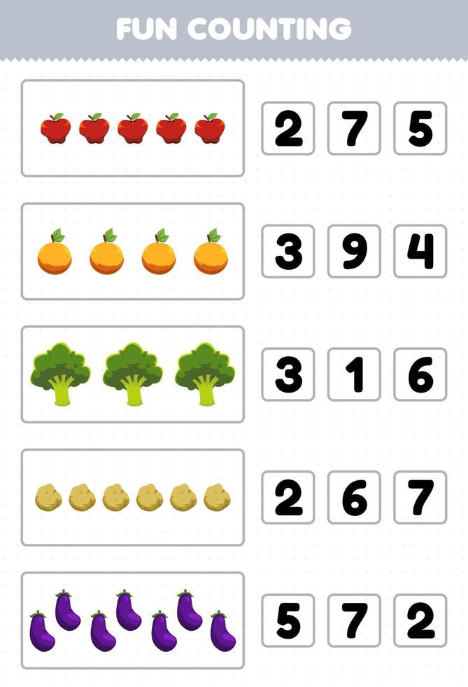 gioco educativo per bambini divertente contare e scegliere il numero corretto di cartoni animati frutta e verdura mela arancia broccoli patate melanzane foglio di lavoro stampabile vettore