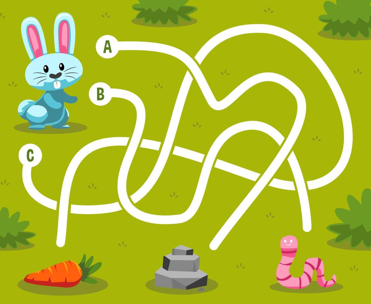 gioco di puzzle labirinto per bambini con simpatico coniglio animale cartone animato alla ricerca del corretto foglio di lavoro stampabile con pietra di carota o verme vettore