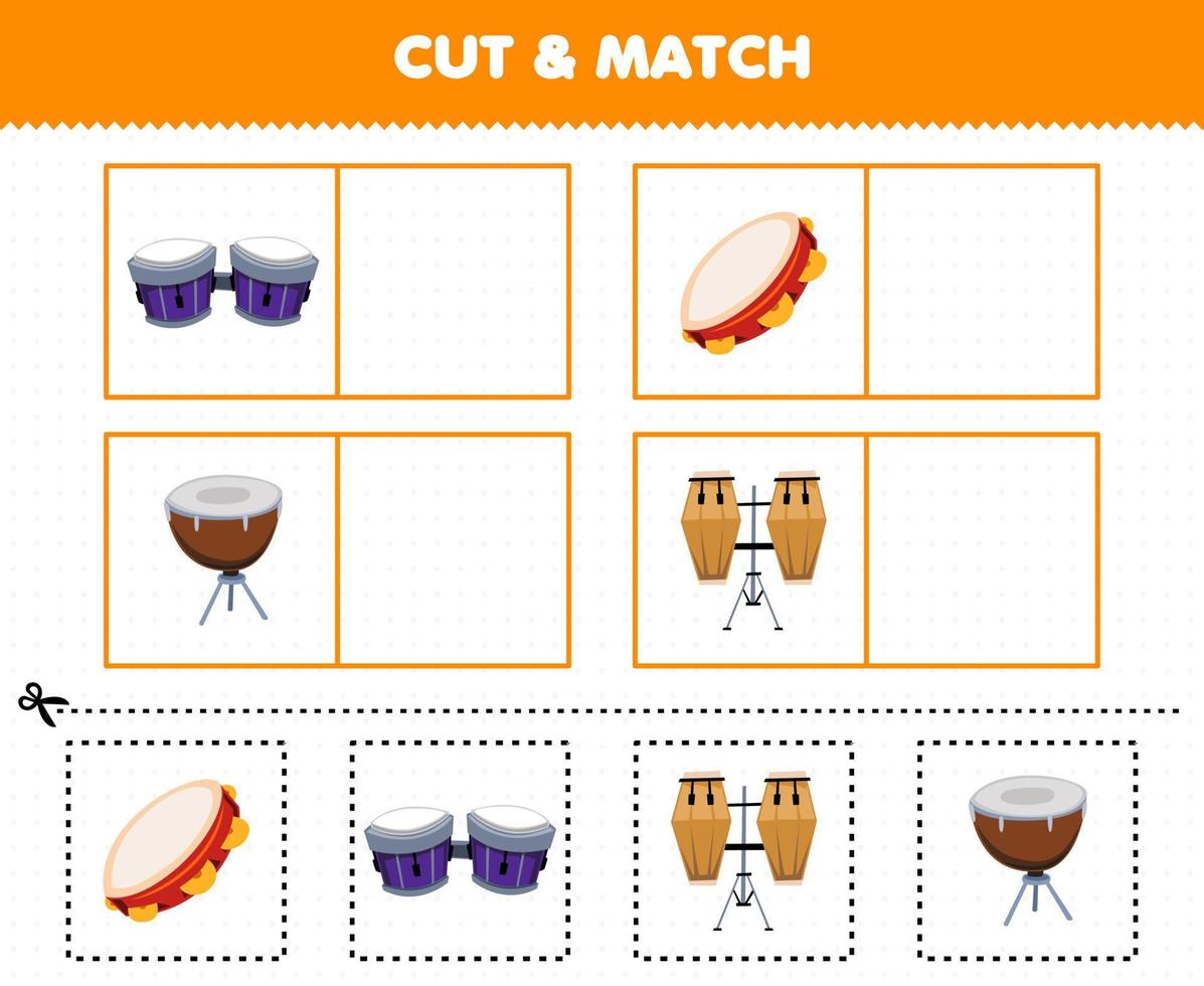 gioco educativo per bambini taglia e abbina la stessa immagine dello strumento musicale dei cartoni animati tamburo tamburello bango conga vettore