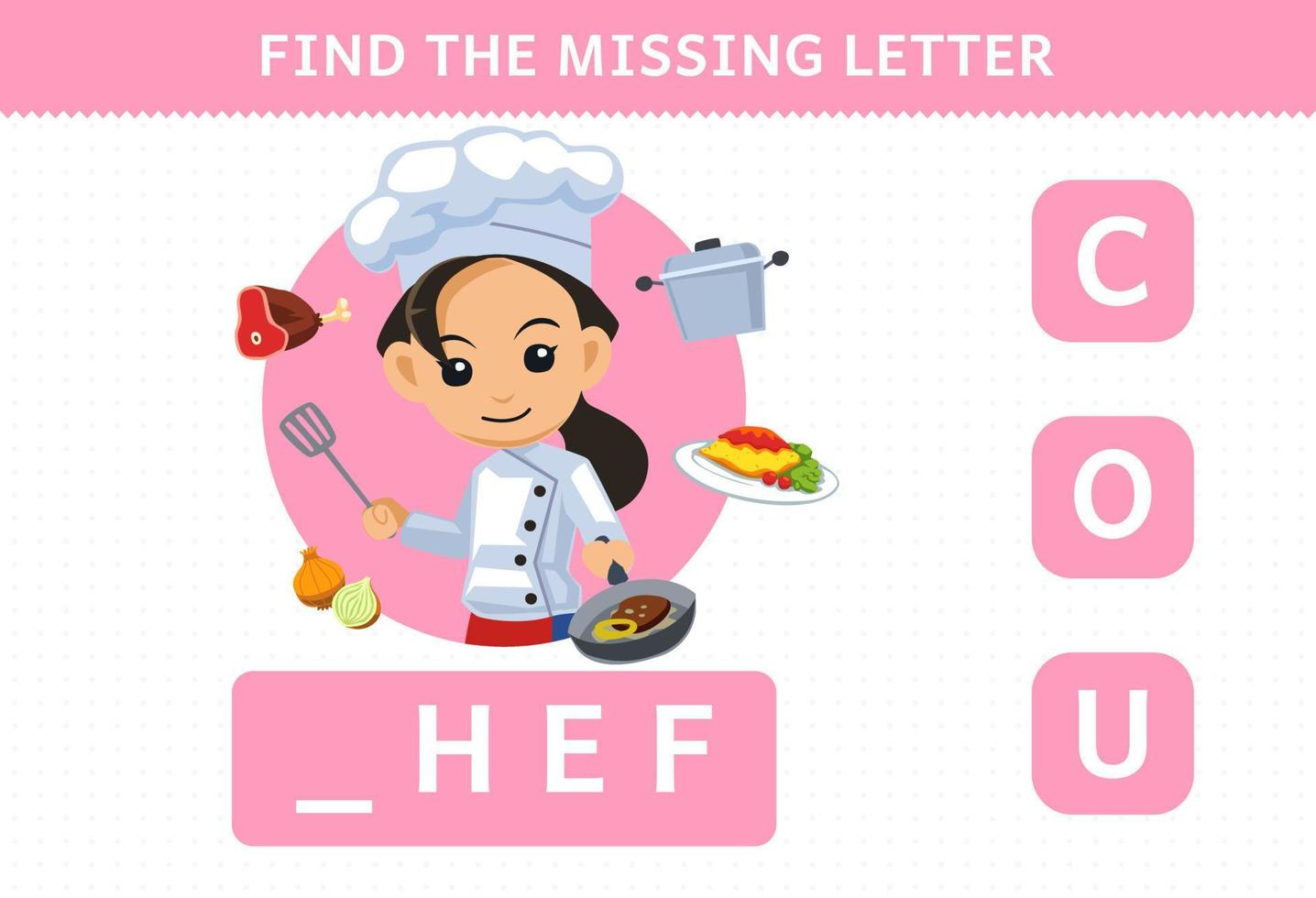 gioco educativo per bambini trova la lettera mancante del foglio di lavoro stampabile dello chef di professione simpatico cartone animato vettore