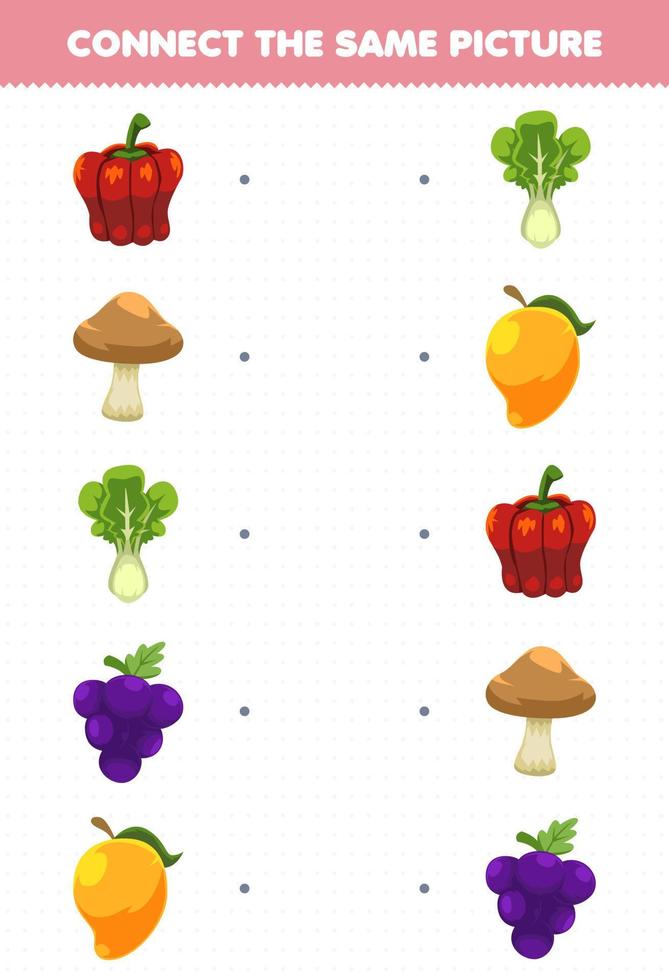gioco educativo per bambini collega la stessa immagine di cartone animato frutta e verdura paprika fungo lattuga uva mango foglio di lavoro stampabile vettore