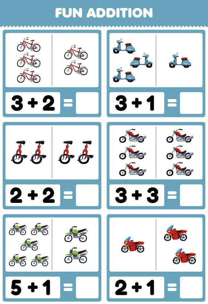 gioco educativo per bambini divertente aggiunta contando e sommando simpatico cartone animato trasporto bici bicicletta scooter monociclo motocross moto moto immagini foglio di lavoro vettore