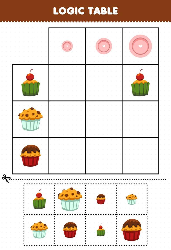 gioco educativo per bambini tabella logica ordinamento dimensioni piccolo medio o grande di cartone animato cibo cupcake muffin immagine foglio di lavoro stampabile vettore