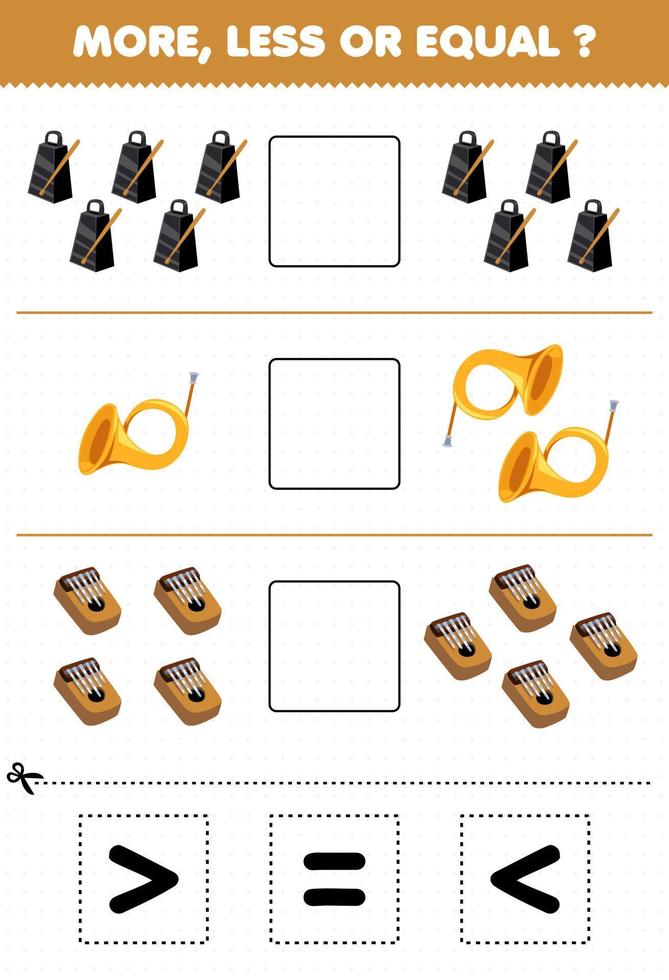 gioco educativo per bambini più o meno uguale conta la quantità di cartone animato strumento musicale campana corno kalimba quindi taglia e incolla taglia il segno corretto vettore