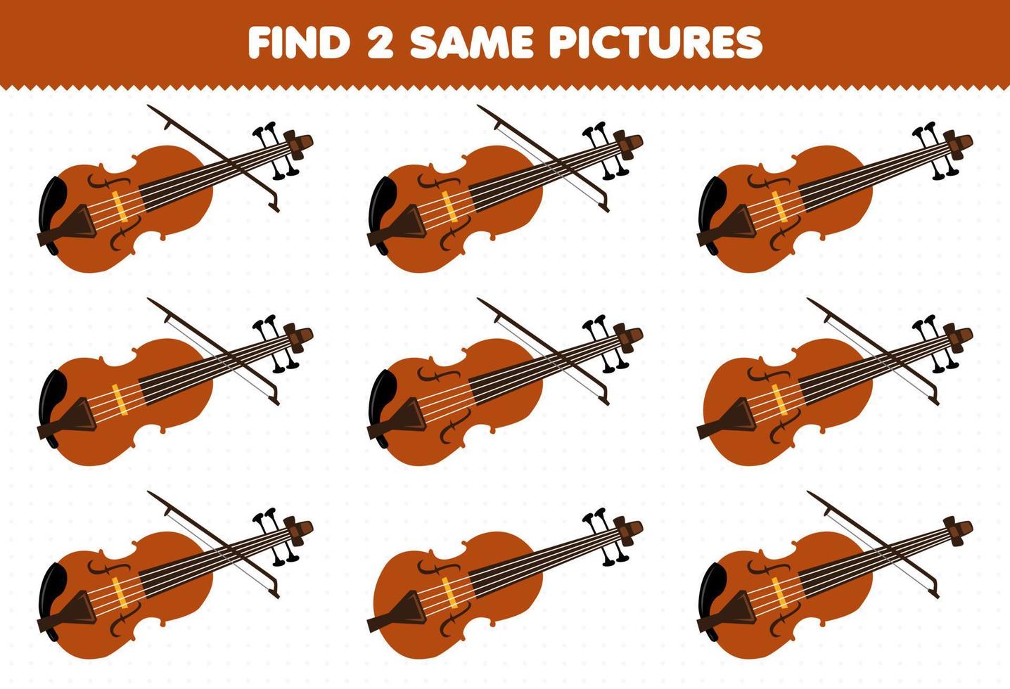 gioco educativo per bambini trova due stesse immagini cartone animato musica strumento violino foglio di lavoro stampabile vettore