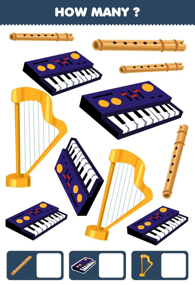 gioco educativo per bambini alla ricerca e al conteggio di quanti oggetti cartone animato musica strumento flauto sintetizzatore arpa foglio di lavoro stampabile vettore