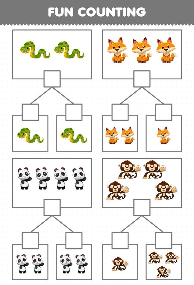 gioco educativo per bambini divertente conteggio immagine in ogni scatola di simpatico cartone animato foresta animale serpente volpe panda scimmia foglio di lavoro stampabile vettore