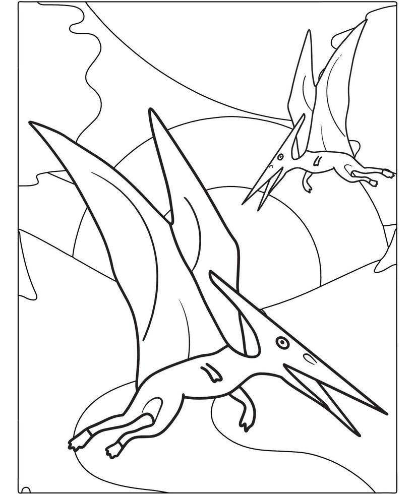 bella pagina da colorare di dinosauri per bambini. dipinta a mano in stile cartone animato con una bella immagine da colorare. Jurassic Park. paesaggio preistorico stampabile. vettore