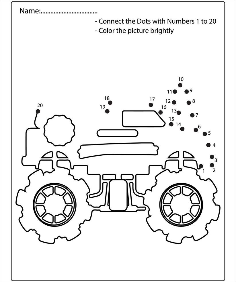 collega il gioco di monster truck a punti e colori per bambini in età prescolare con un semplice livello di gioco educativo. vettore