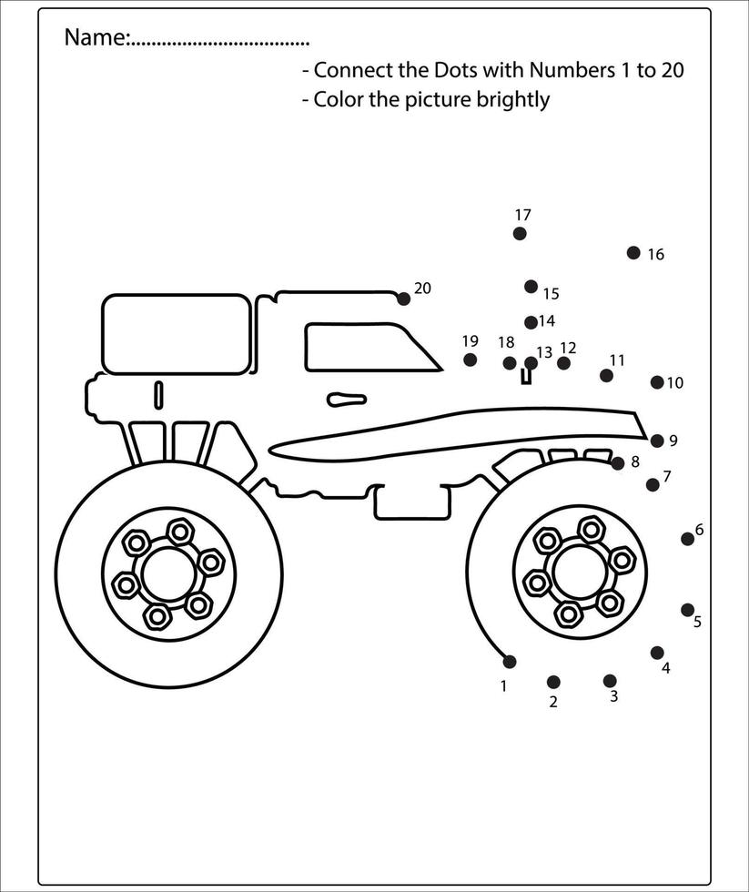 collega il gioco di monster truck a punti e colori per bambini in età prescolare con un semplice livello di gioco educativo. vettore