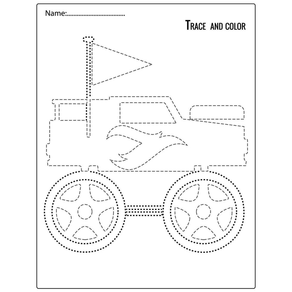 traccia e colora per bambini, monster truck. adatto per l'educazione dei bambini vettore