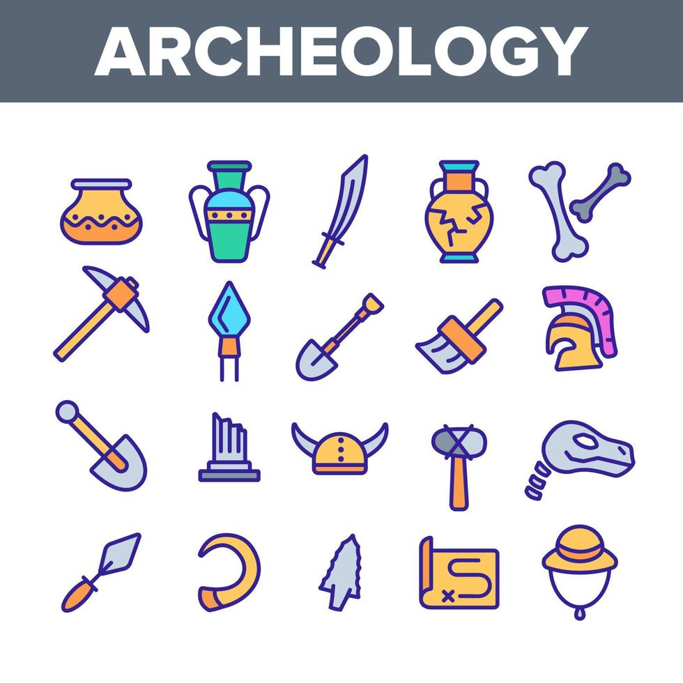 set di icone lineari vettoriali di scavi e strumenti archeologici