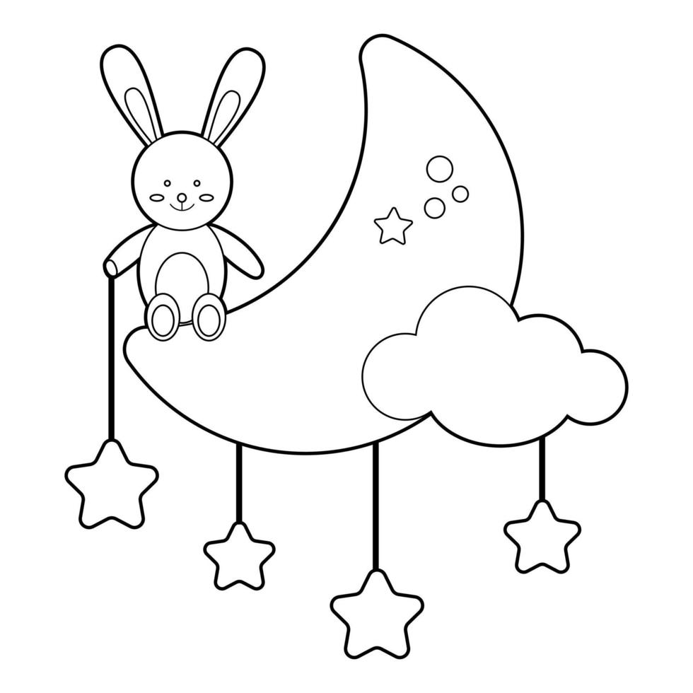 libro da colorare per bambini. disegna un simpatico coniglietto simpatico cartone animato seduto sulla luna. vettore isolato su uno sfondo bianco.