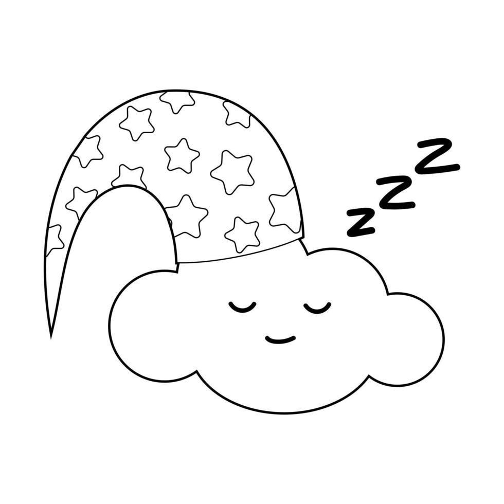 libro da colorare per bambini. disegna una nuvola di cartone animato carino che dorme tra le nuvole con un berretto da notte basato sul disegno. vettore isolato su uno sfondo bianco.