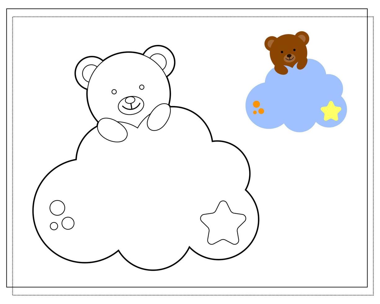 libro da colorare per bambini. disegna un simpatico orso cartone animato che dorme tra le nuvole in base al disegno. vettore isolato su uno sfondo bianco.