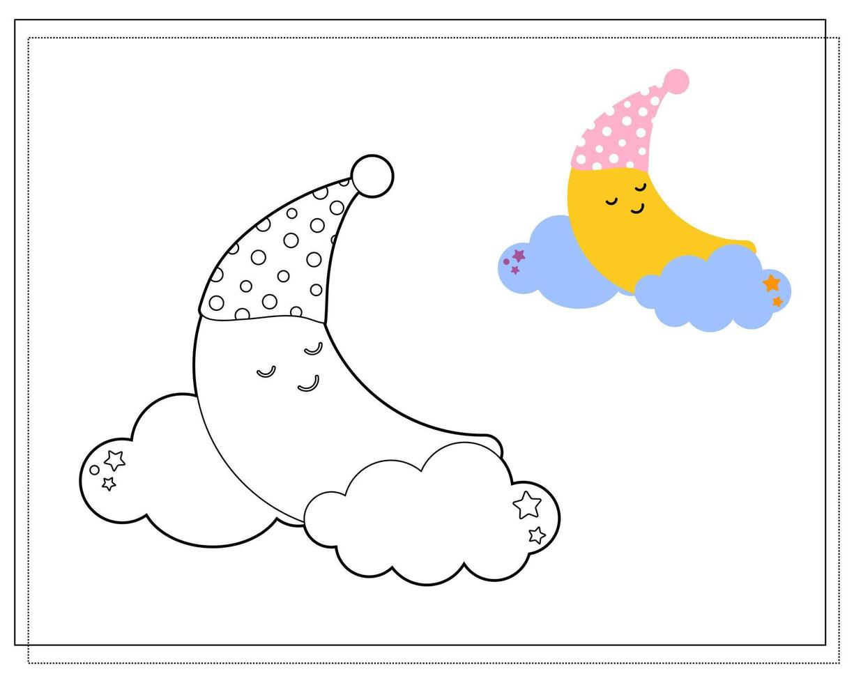 libro da colorare per bambini. disegna una luna di cartone animato carino che dorme con un berretto da notte tra le nuvole in base al disegno. vettore isolato su uno sfondo bianco.