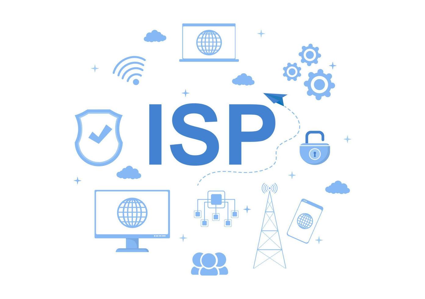 illustrazione di cartoni animati ISP o provider di servizi Internet con parole chiave e icone per l'accesso alla intranet, la connessione di rete sicura e la protezione della privacy vettore