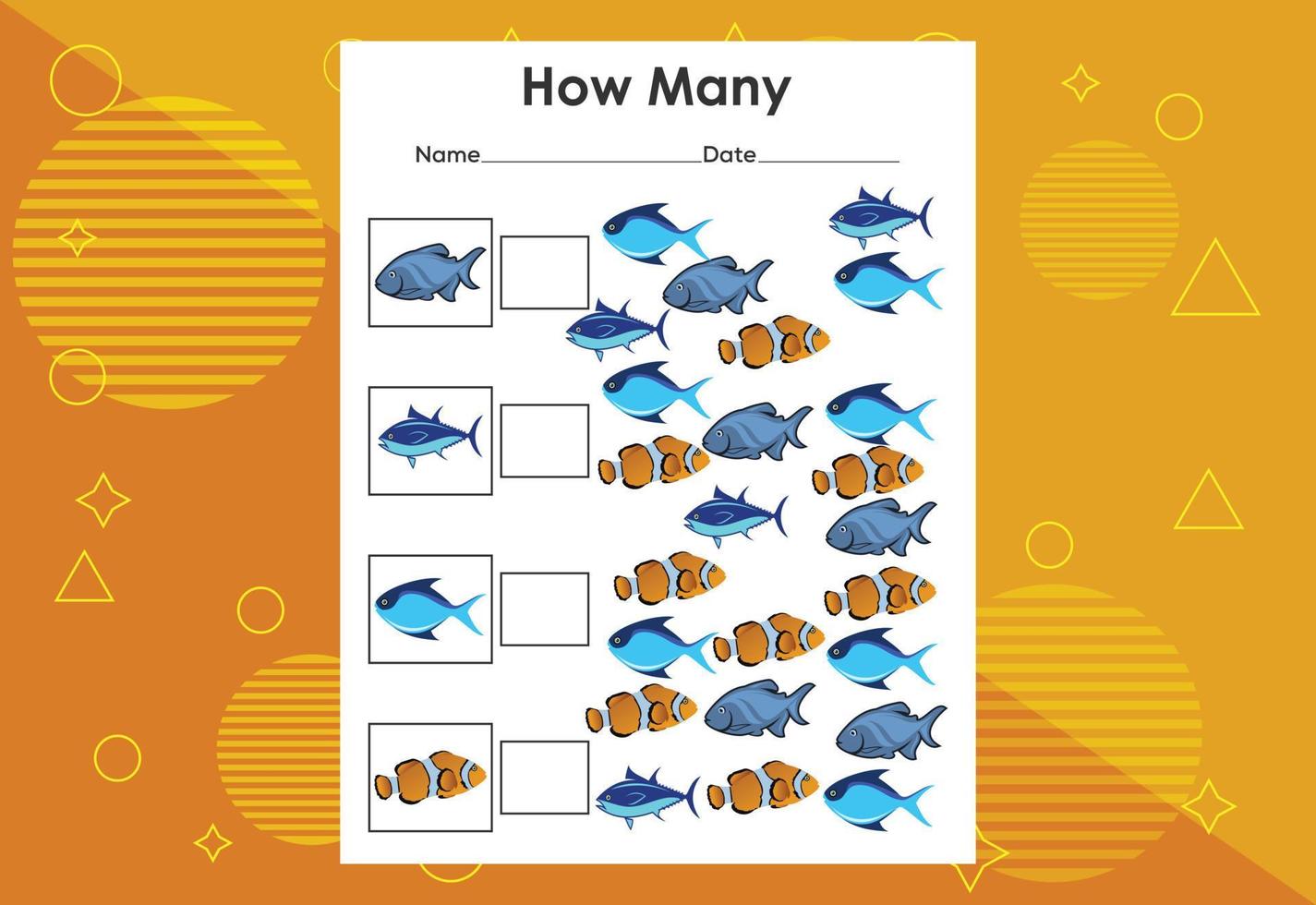 quanti compiti di pesce. foglio di lavoro educativo per bambini vettore