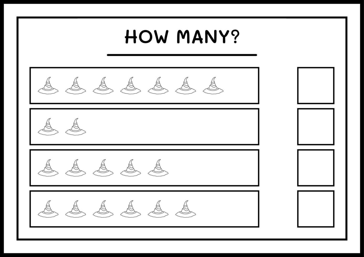 quanti cappello da strega, gioco per bambini. illustrazione vettoriale, foglio di lavoro stampabile vettore