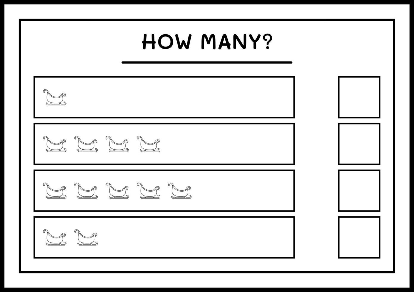quanti slitta di babbo natale, gioco per bambini. illustrazione vettoriale, foglio di lavoro stampabile vettore