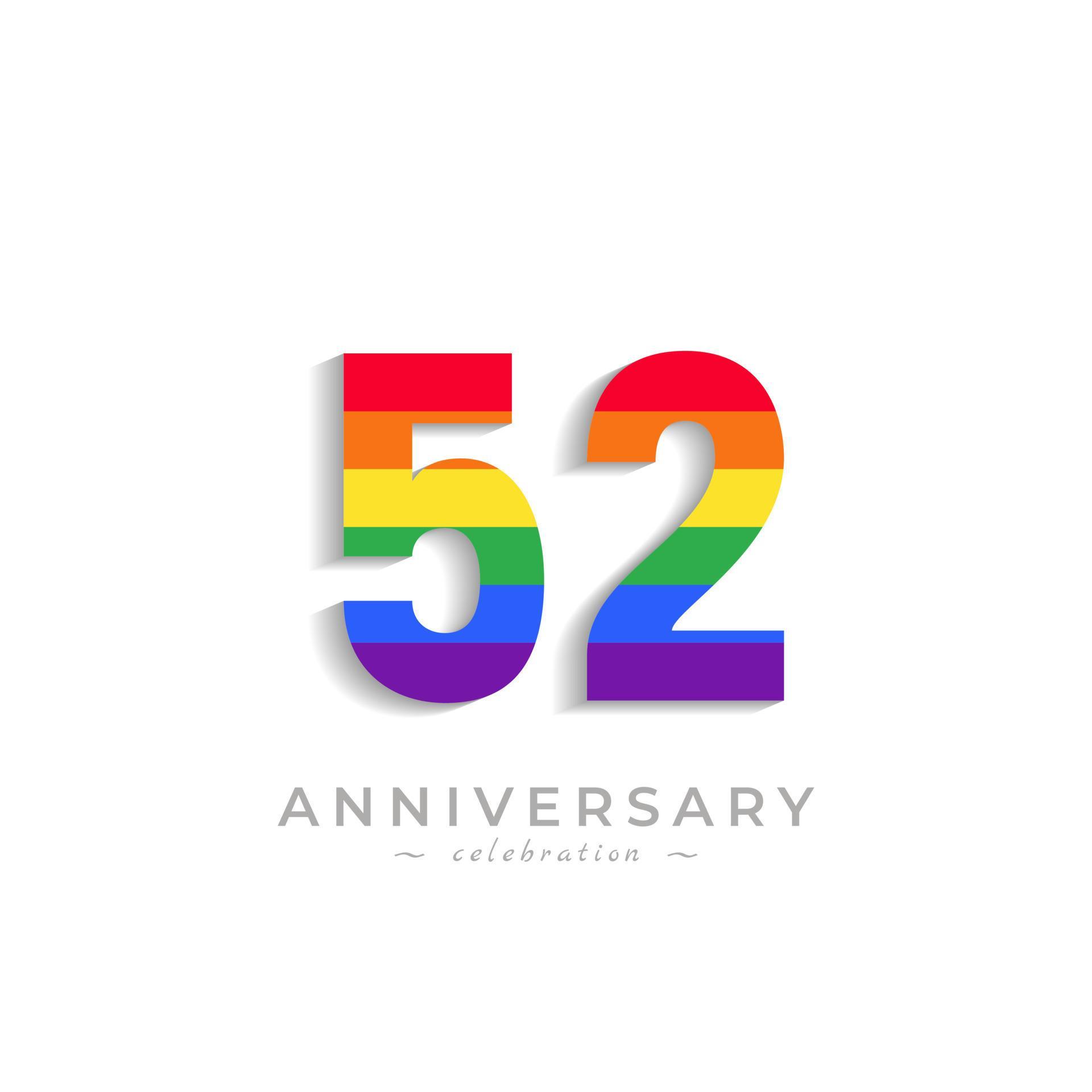 Celebrazione dell'anniversario di 52 anni con colore arcobaleno per eventi celebrativi, matrimoni, biglietti di auguri e inviti isolati su sfondo bianco vettore
