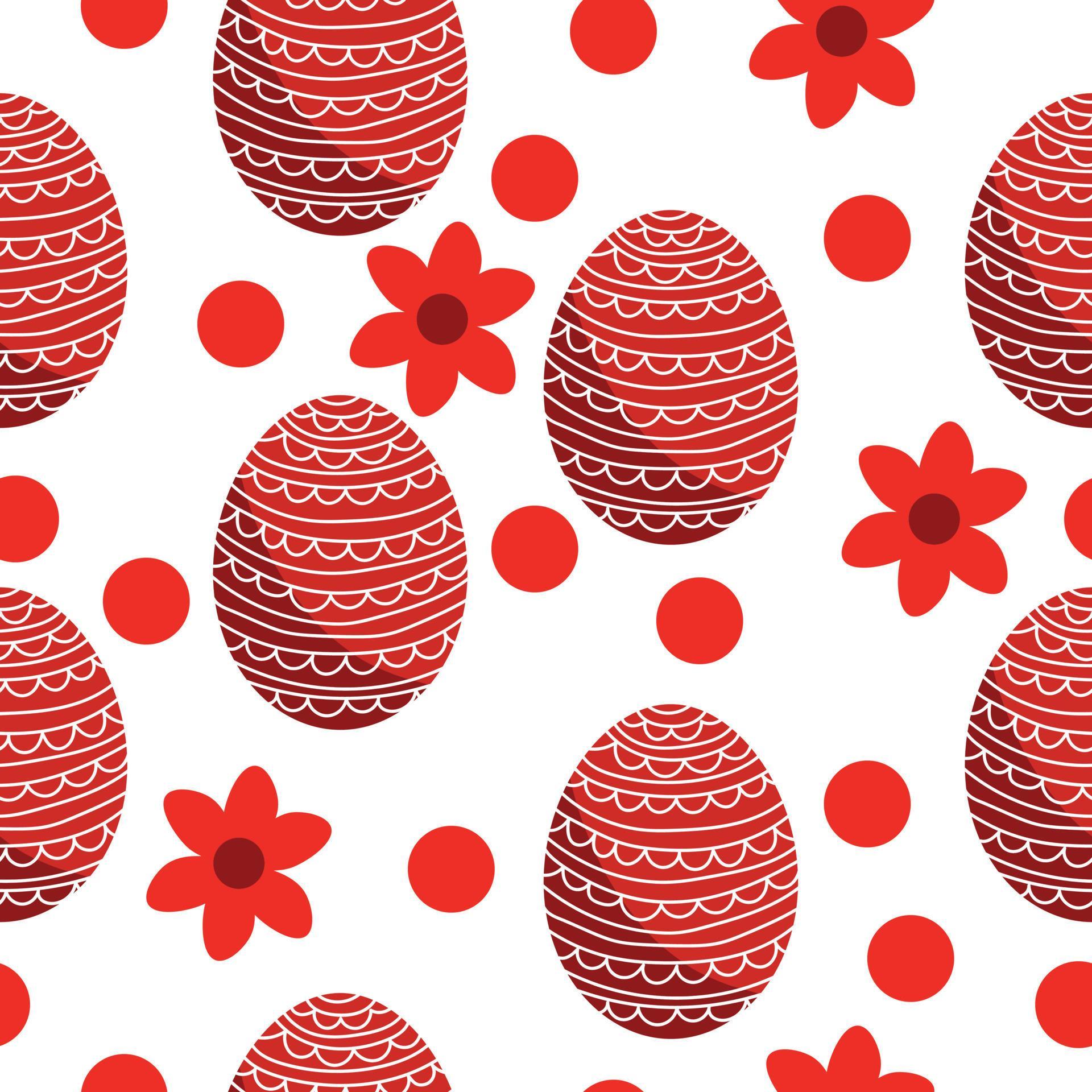 uova di Pasqua in colore rosso modello senza cuciture, uova di vacanza fantasia, fiori e punti su sfondo bianco vettore