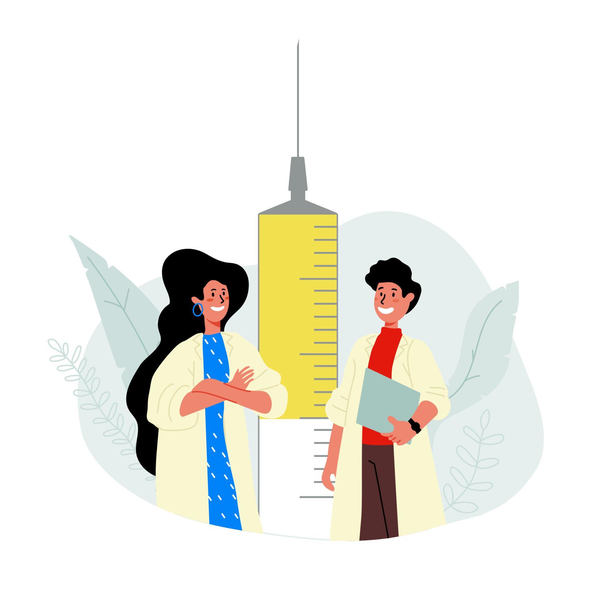 uomo e donna medico sorridente e in piedi vicino alla siringa con vaccino.illustrazione piatta vettoriale