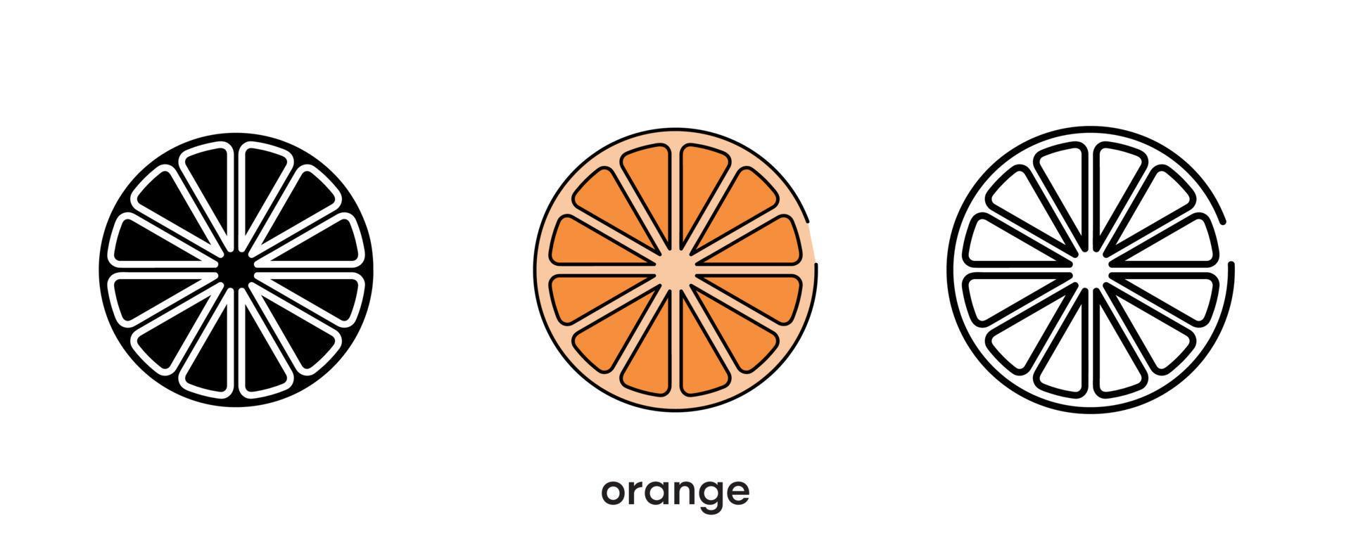 disegno dell'icona arancione. icona arancione incastonata in silhouette, colorata e lineare. illustrazione vettoriale della linea dell'icona della frutta isolata su uno sfondo pulito per il design del logo dell'applicazione mobile web. linea moderna.