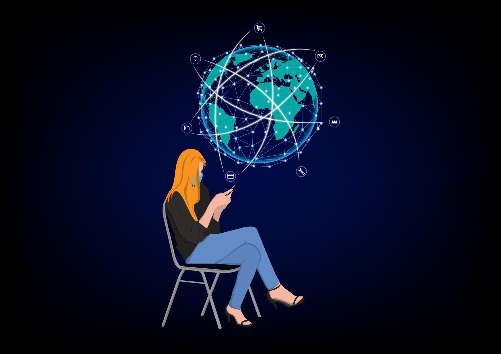 donna d'affari che si siede su una sedia e utilizza lo smartphone per la tecnologia di connessione, concetto che utilizza lo smartphone per la connessione alla connessione di rete globale vettore