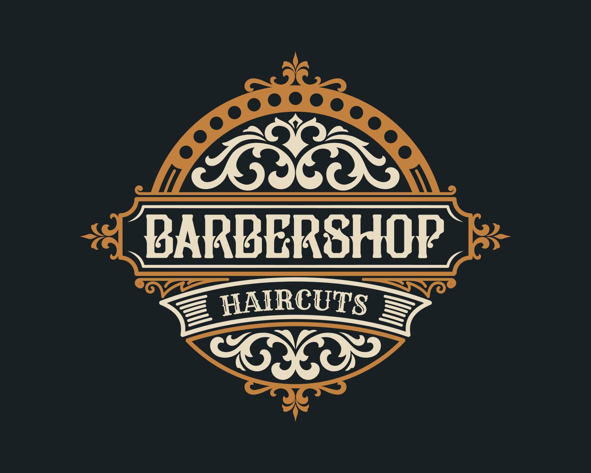 distintivo del logo della cornice di lusso vintage da barbiere con ornamento vittoriano fiorito vettore