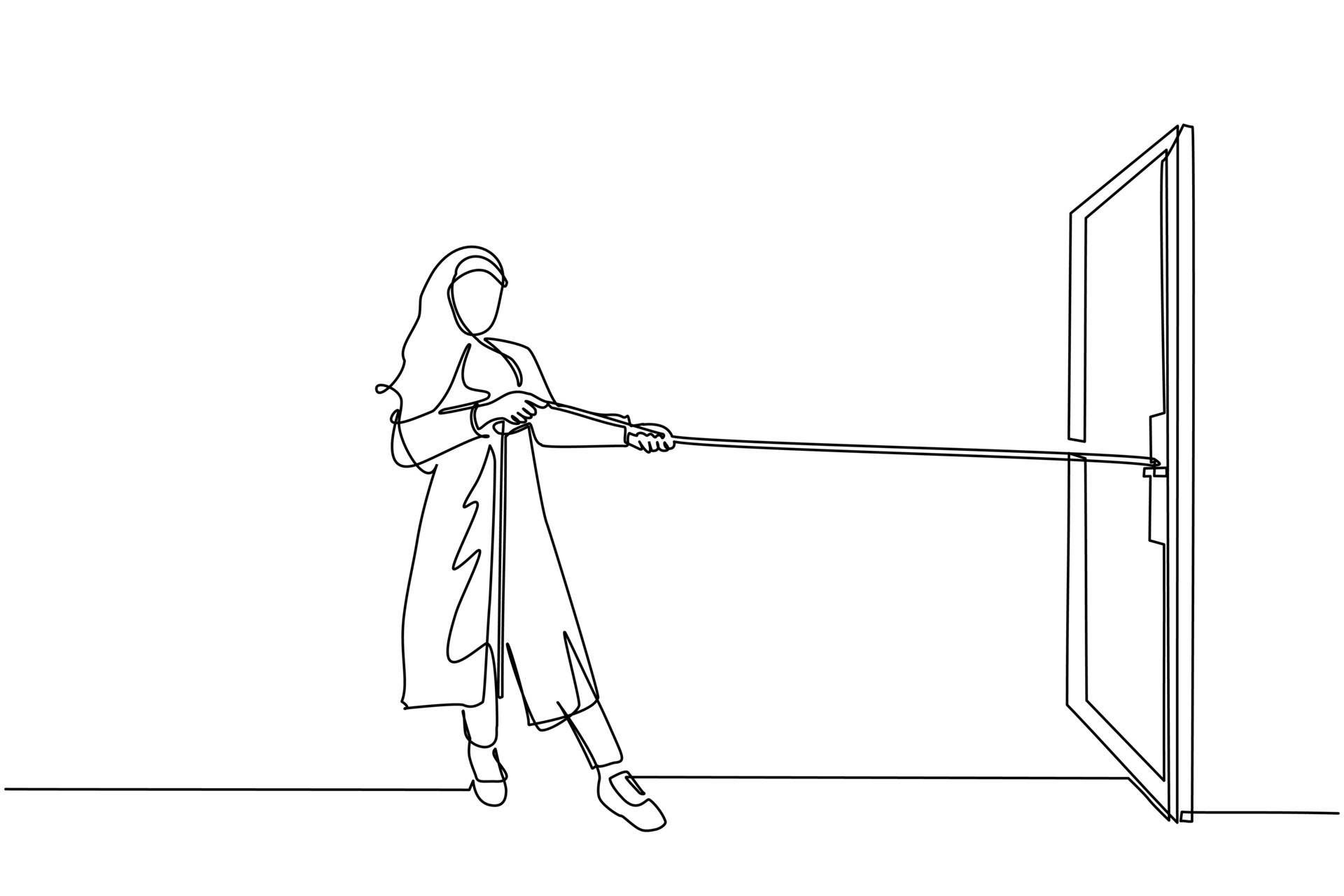 disegno continuo di una linea donna d'affari araba che tira la corda per  trascinare la porta, metafora per affrontare un grosso problema. lotte  commerciali. forza per il successo. illustrazione grafica vettoriale di