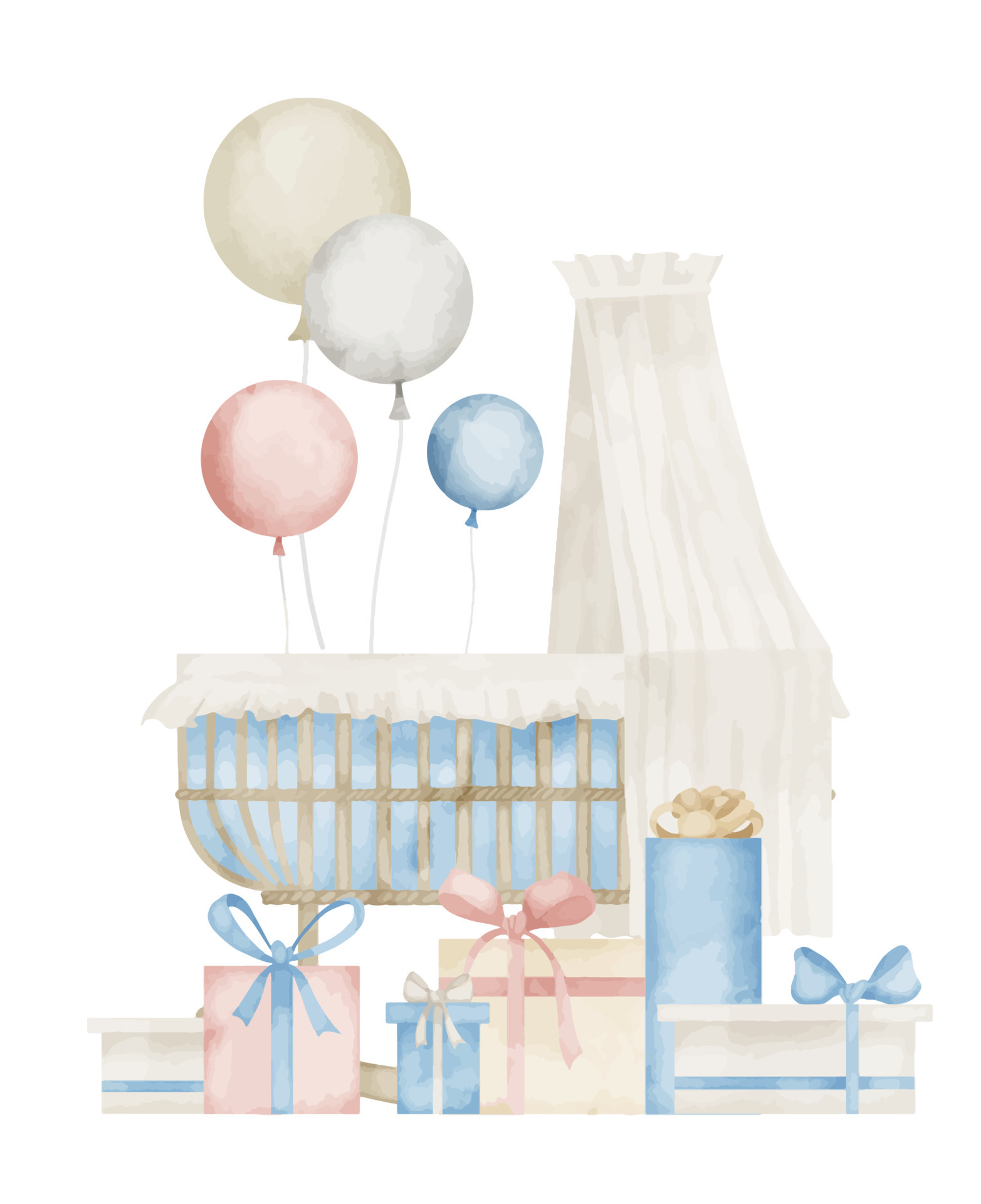 bambino culla con aria palloncini e regali nel pastello blu e