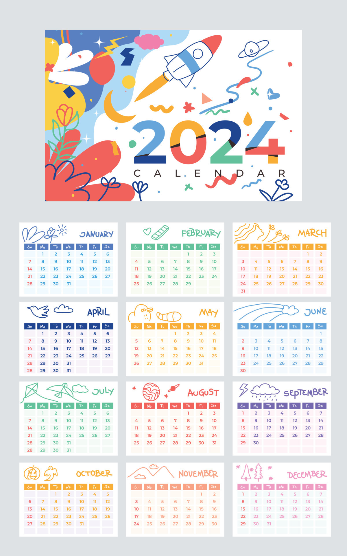 disegnato a mano colorato 2024 calendario. bambini disegno stile