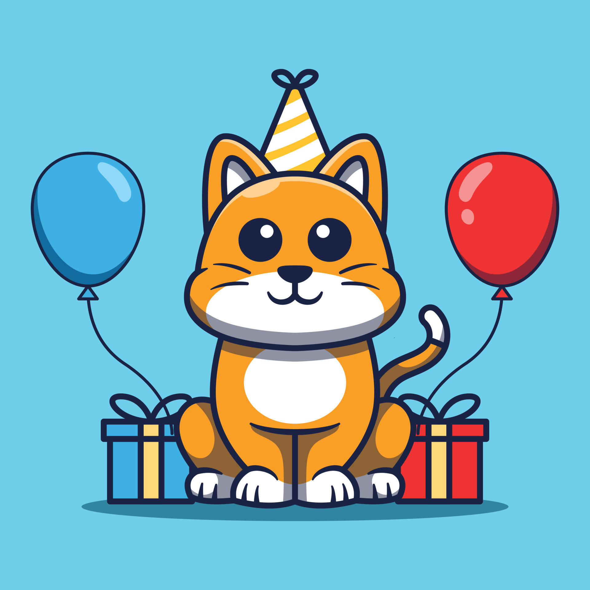 carino gatto festeggiare compleanno con cappello, regalo e compleanno  palloncini cartone animato vettore illustrazione. 22120128 Arte vettoriale  a Vecteezy
