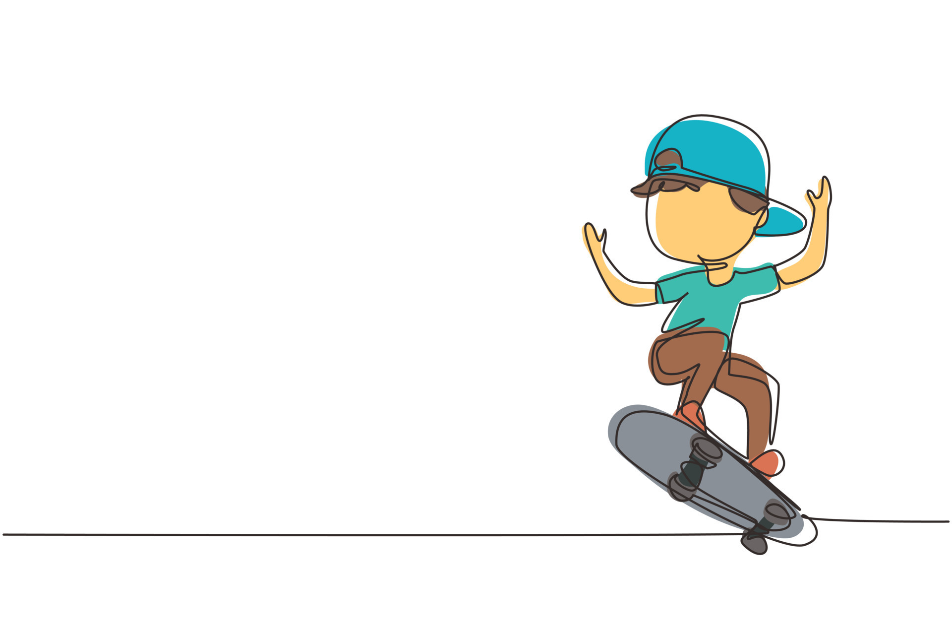 disegno continuo di una linea ragazzo sorridente felice che gioca sullo  skateboard. bambino che accelera facendo il salto. bambini su skateboard al  parco giochi. illustrazione grafica vettoriale di disegno a linea singola