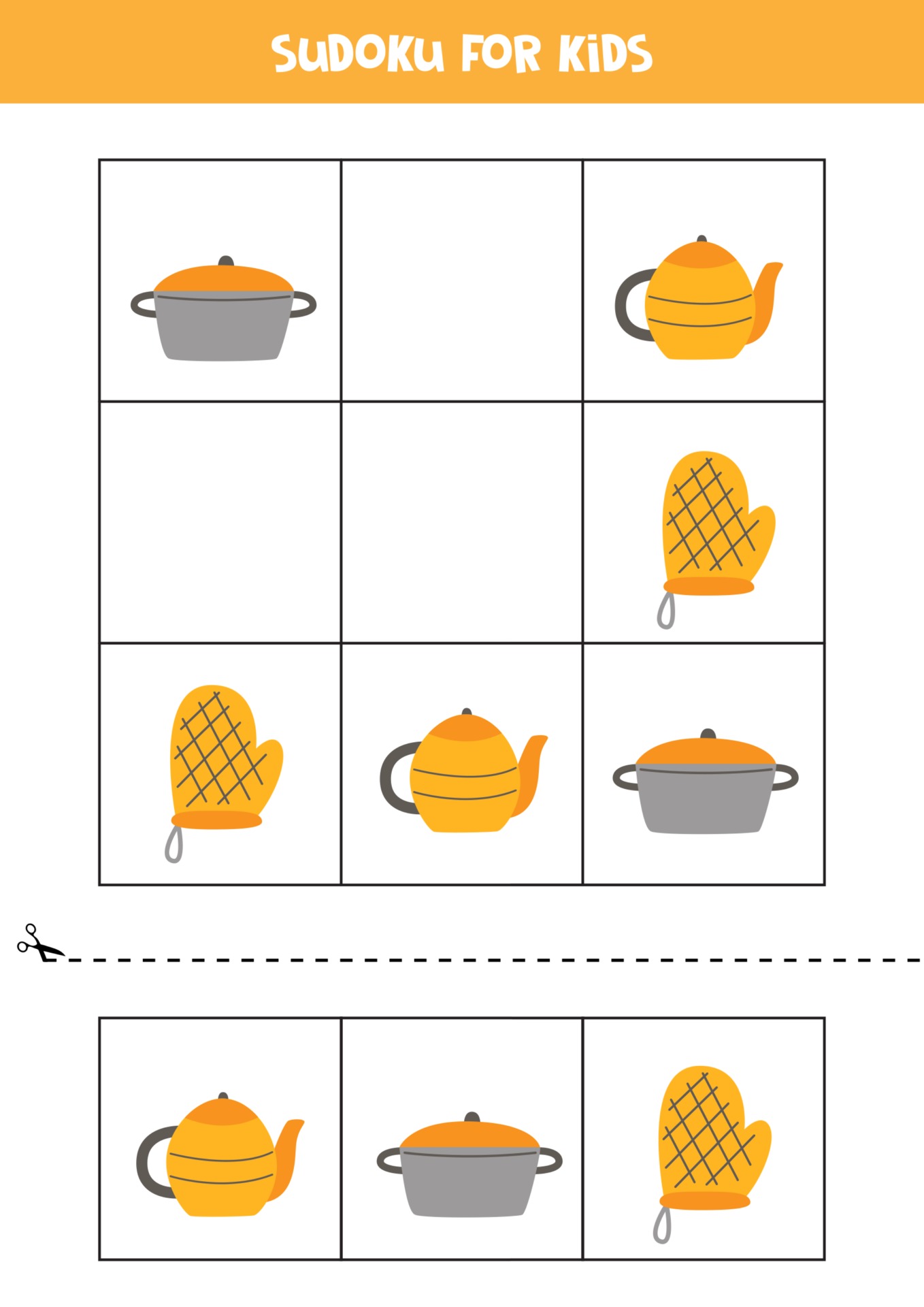 gioco di sudoku per bambini con oggetti da cucina dei cartoni animati.  2656702 Arte vettoriale a Vecteezy