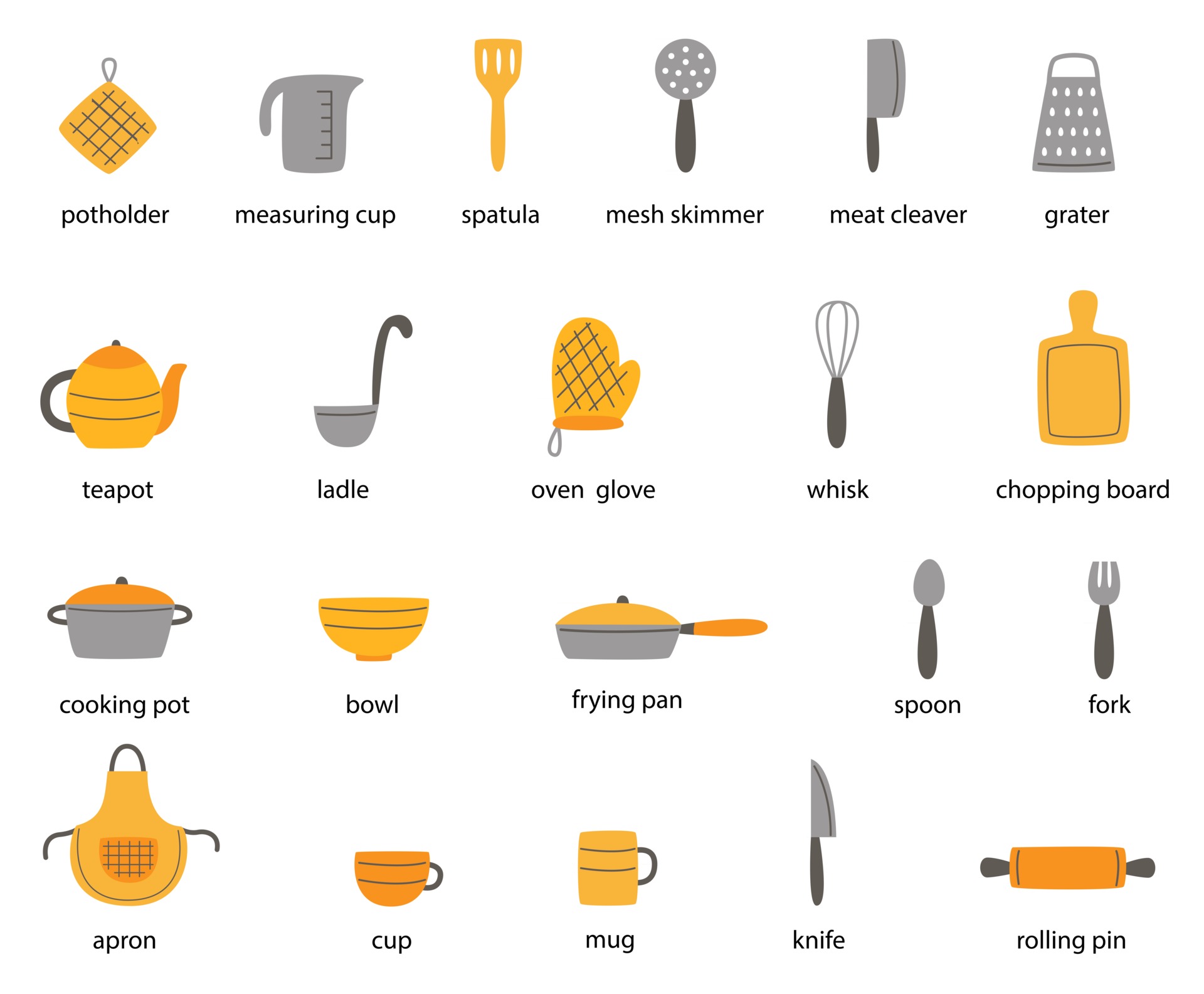 set di utensili da cucina con nomi. illustrazioni vettoriali. 2788445 Arte  vettoriale a Vecteezy