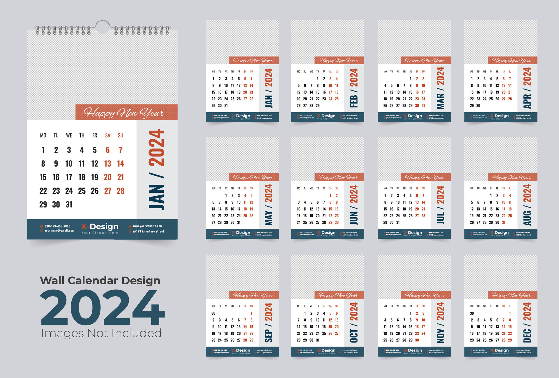 mensile calendario modello per 2024 anno, 12 pagine parete calendario 2024,  nuovo anno parete calendario 29871560 Arte vettoriale a Vecteezy