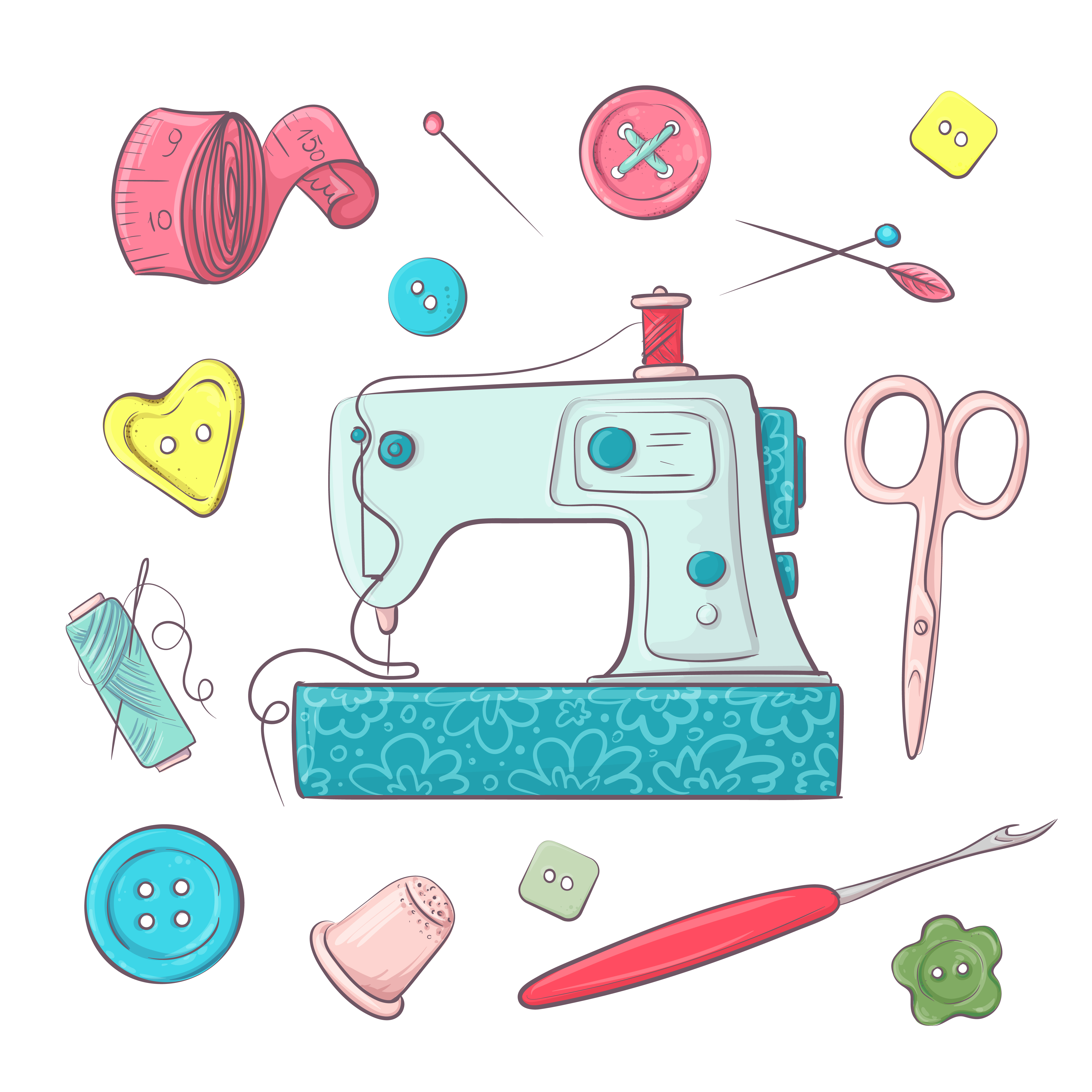 Impostare gli accessori per la cucitura della macchina da cucire. Disegno a  mano Illustrazione vettoriale 495036 Arte vettoriale a Vecteezy