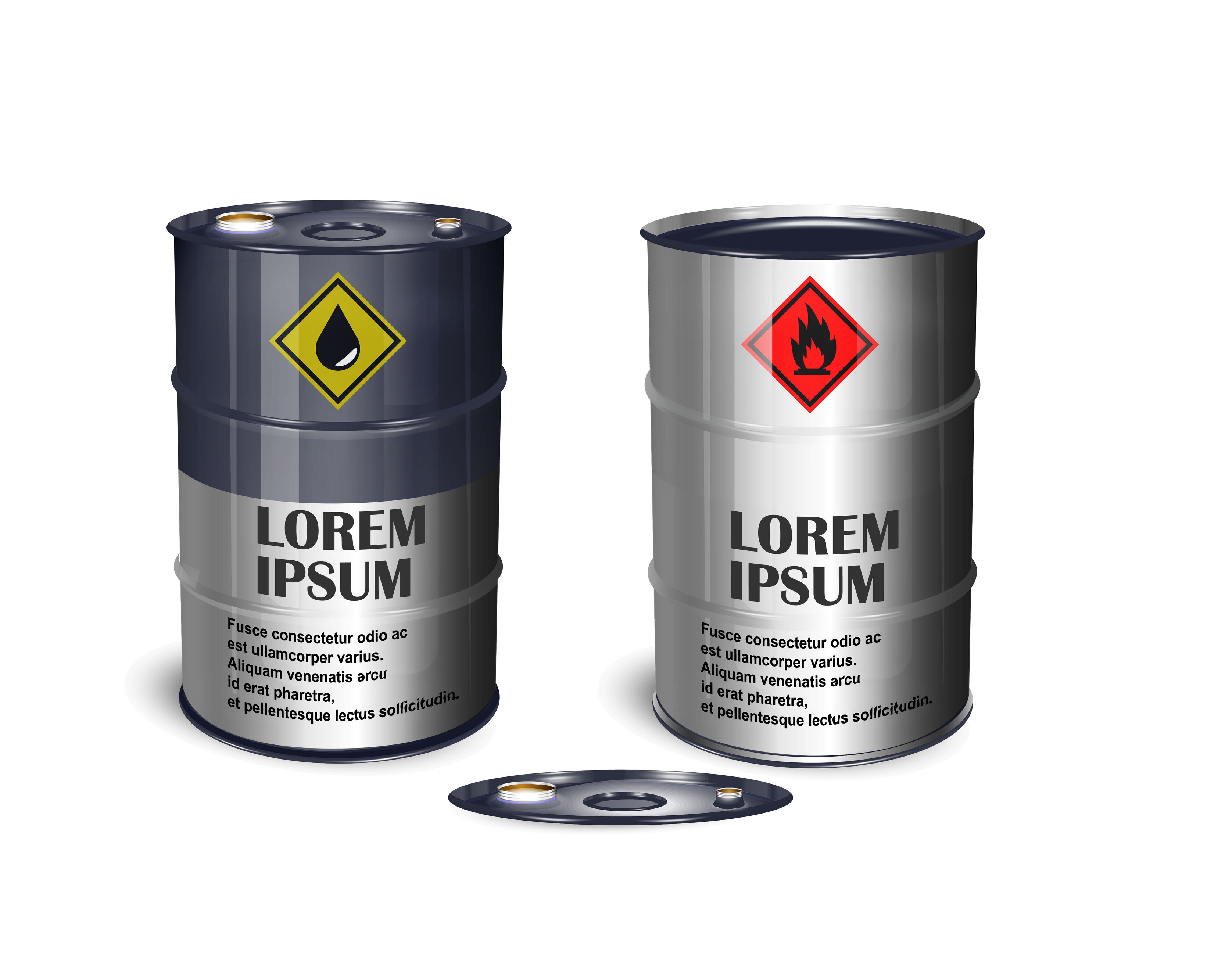 fusto in metallo lucido con un volume di 200 litri. contenitore per  prodotti chimici liquidi - olio, carburante, benzina. modello di mockup di  imballaggio 3d vettoriale fotorealistico con disegno di esempio. 5092850