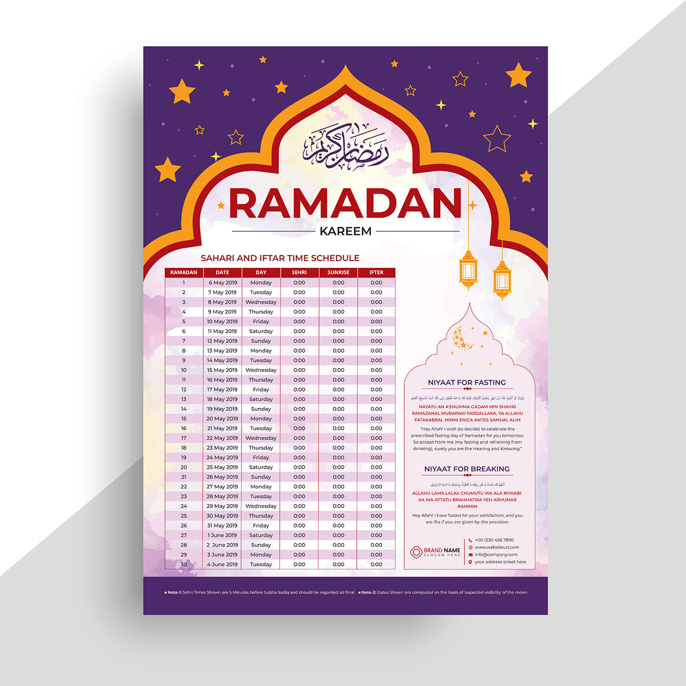 Ramadan Kareem Calendar Design. Calendario islamico e orario Sehri