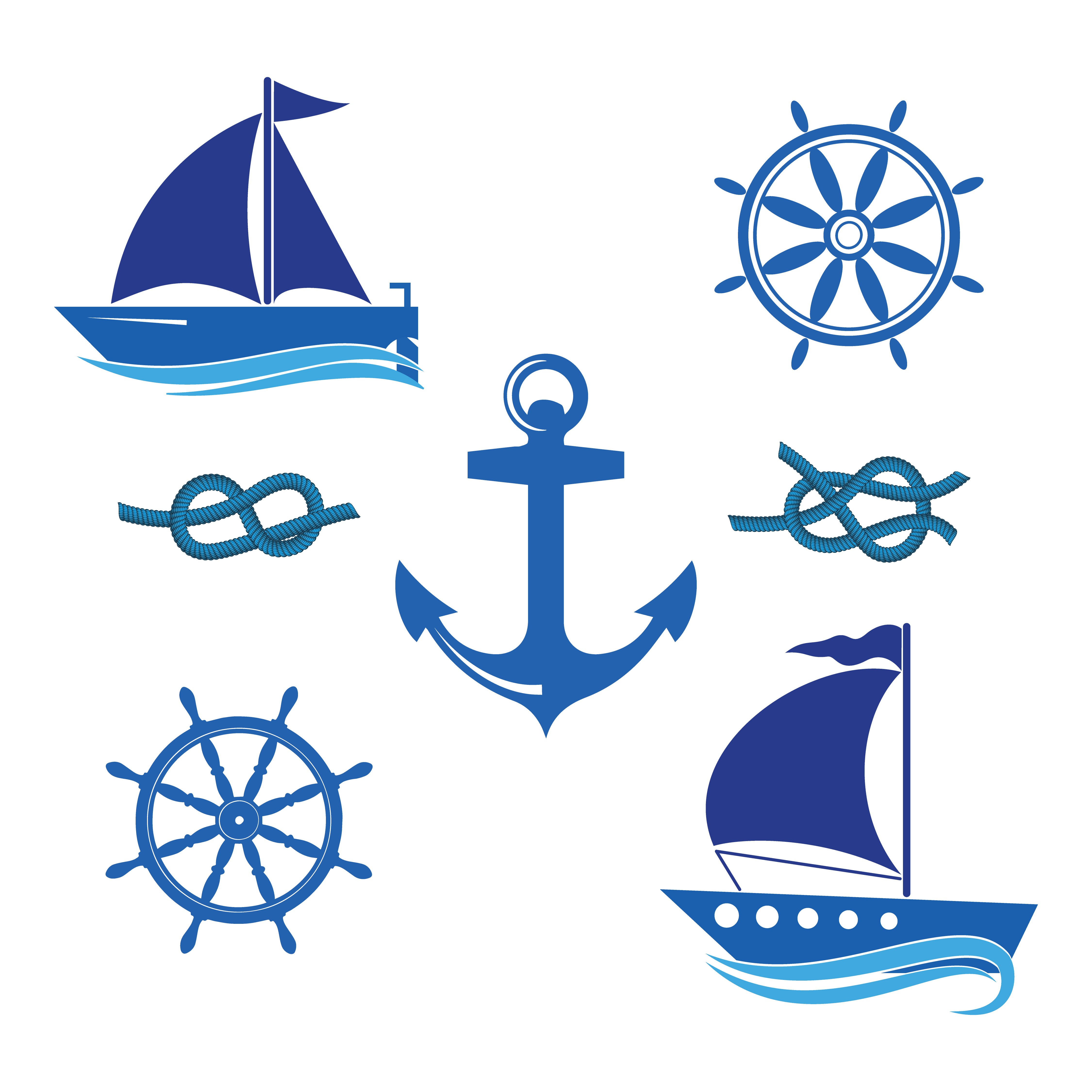 Un set di icone di uno yacht, un timone, una barca a vela, una