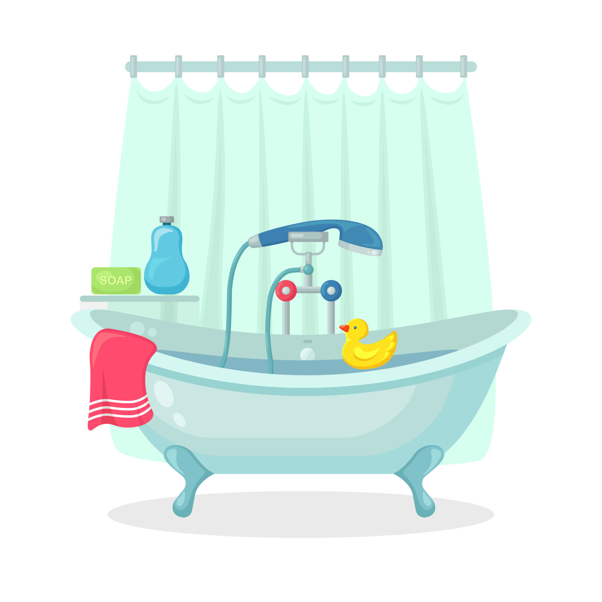 bagno pieno di schiuma con bolle isolate sullo sfondo. interno del bagno.  rubinetti doccia, sapone, vasca da bagno, paperella di gomma e asciugamano  rosa. attrezzature comode per fare il bagno e rilassarsi.