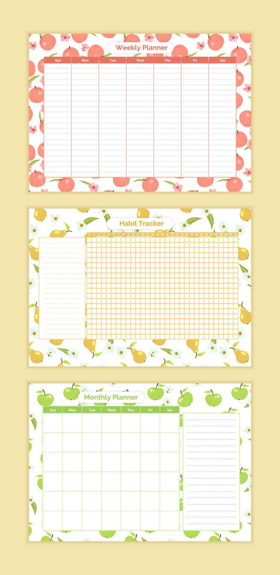 set di vettore di diario alimentare settimanale, modello di progettazione  del pianificatore mensile, tracker delle abitudini. organizzatore di dieta  e blocco note con frutti carini. calendario stampabile elenco delle cose da  fare.