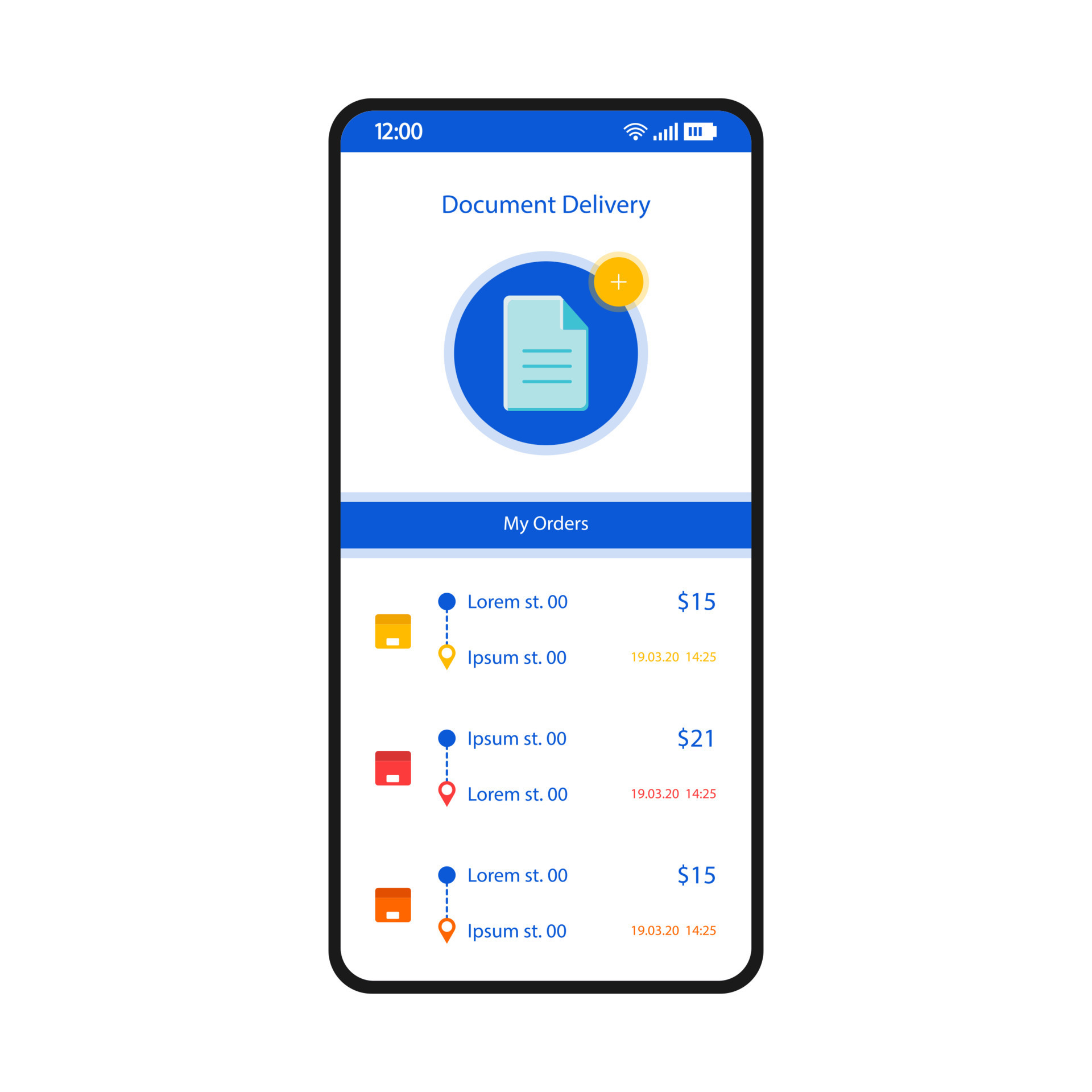 modello vettoriale dell'interfaccia dello smartphone per la consegna del  corriere di documenti. layout di design bianco della pagina dell'app  mobile. schermata della cronologia dei miei ordini. interfaccia utente  piatta per l'applicazione. risorse