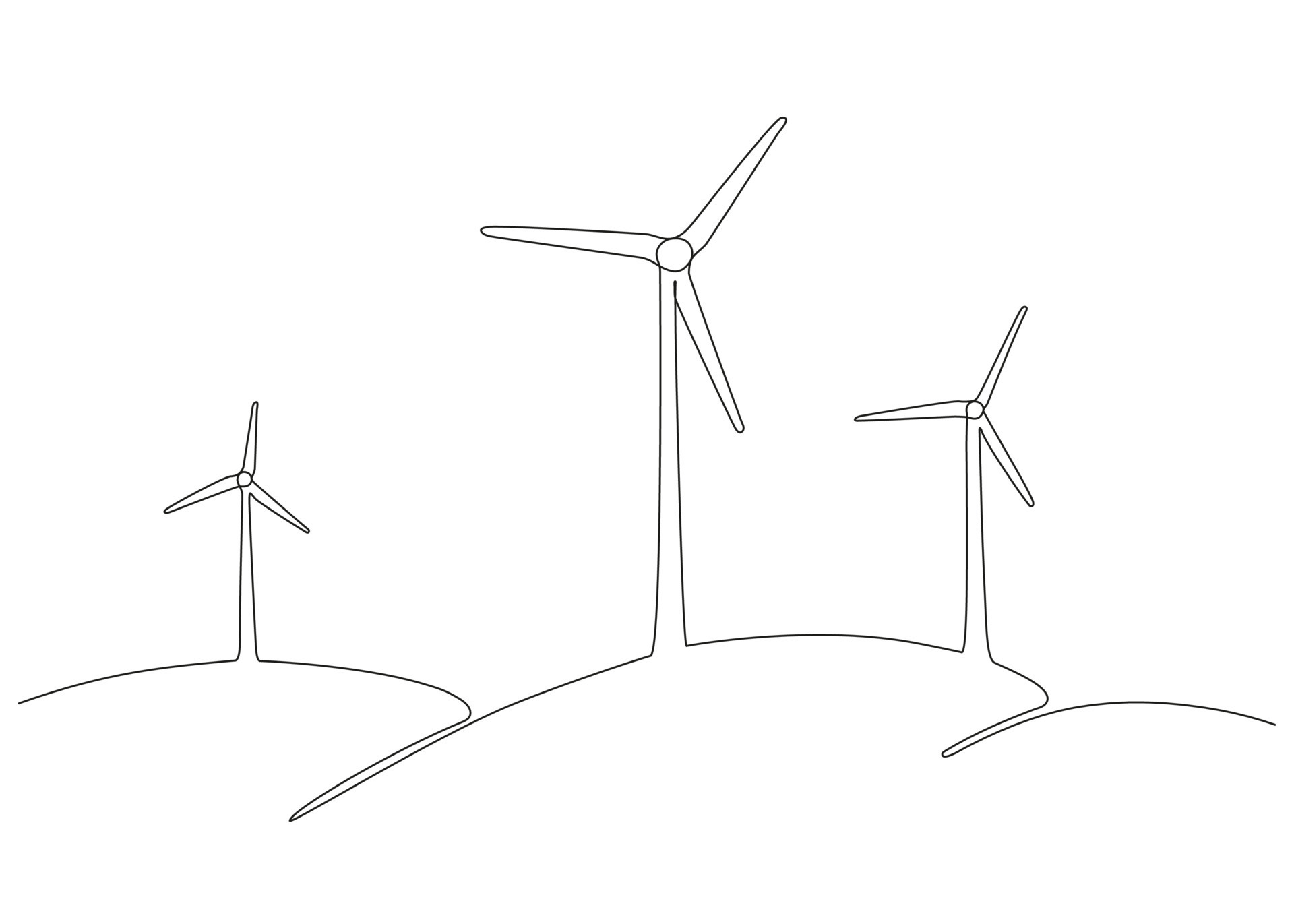 mulino a vento, energia del generatore eolico, disegno artistico a linea  continua singola. torre del mulino a vento salva ecologia energia verde  elettricità. paesaggio collinare con generazione di turbine eoliche.  illustrazione di