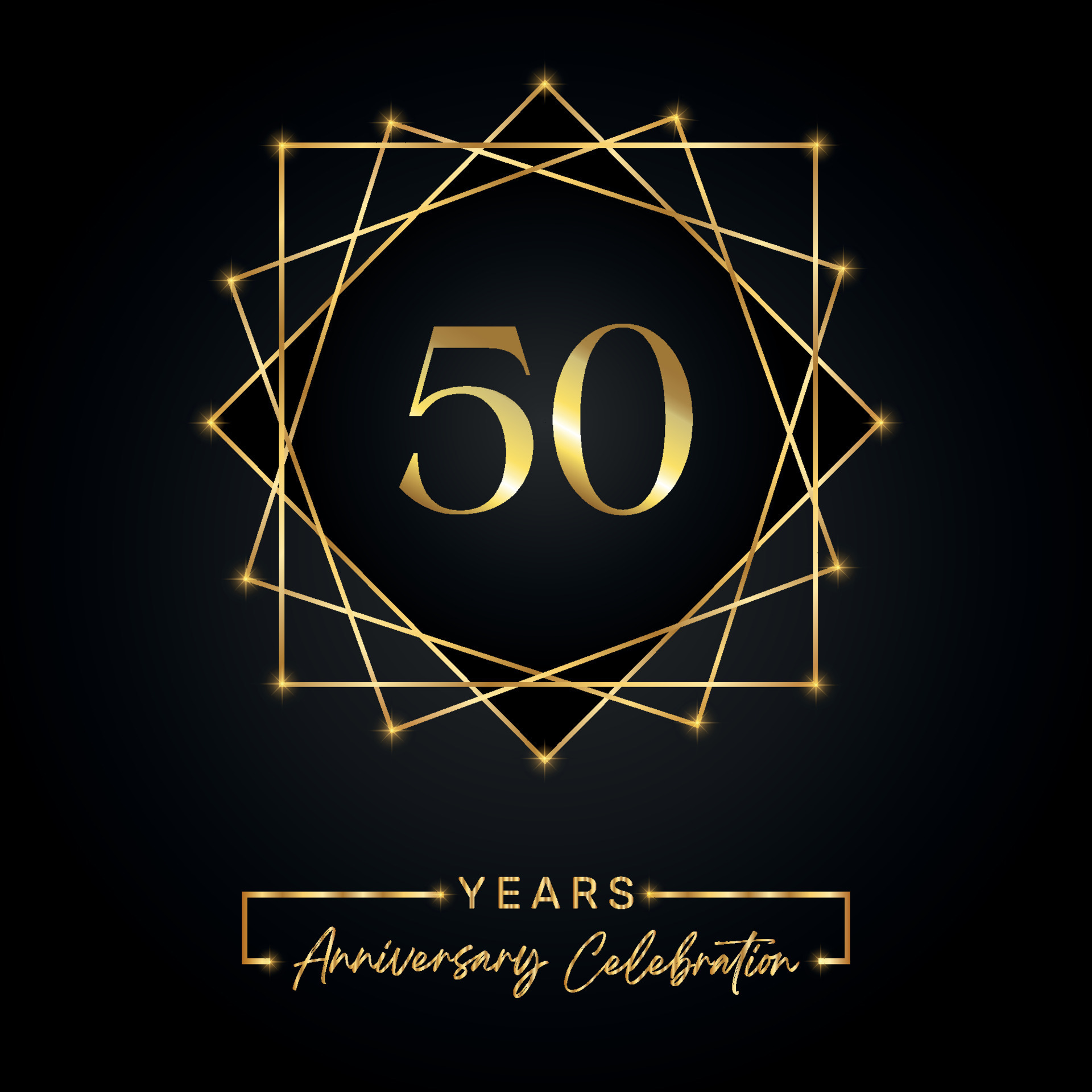 50 anni di design per la celebrazione dell'anniversario. Logo del 50°  anniversario con cornice dorata isolata su sfondo nero. disegno vettoriale  per eventi di celebrazione dell'anniversario, festa di compleanno,  biglietto di auguri.
